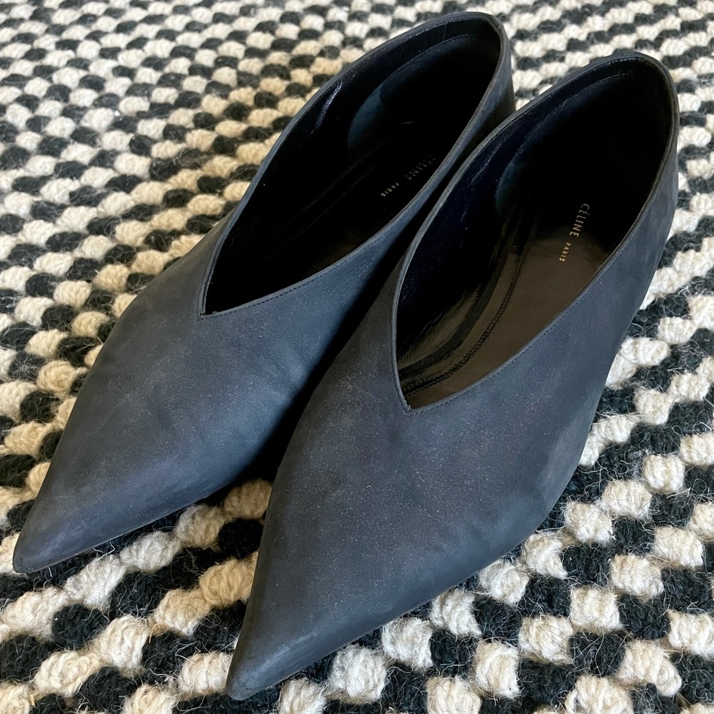 Celine Black Suede V-Neck Pointed Flats
